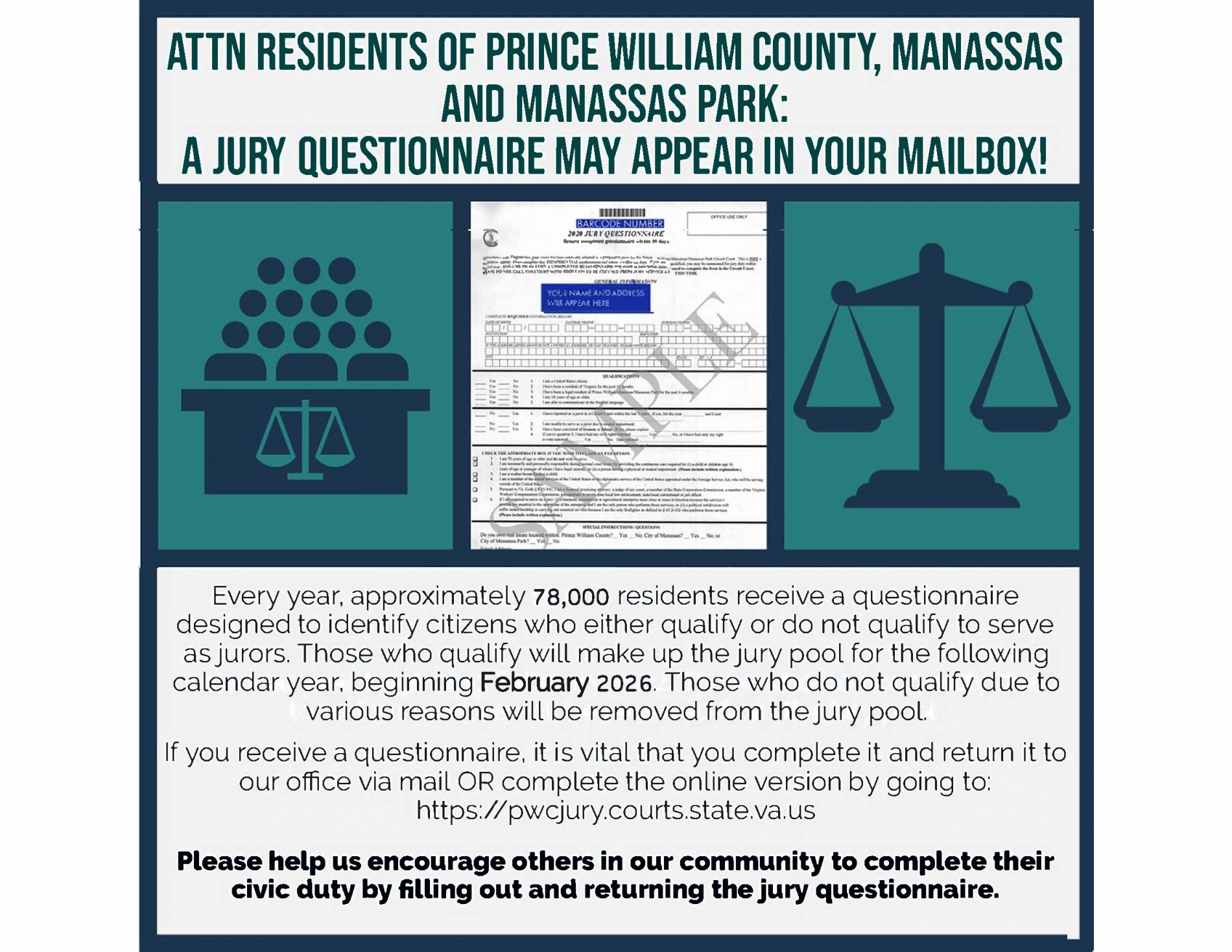 An image regarding jury questionnaires that are being mailed to residents in Prince William County, and the Cities of Manassas and Manassas Park