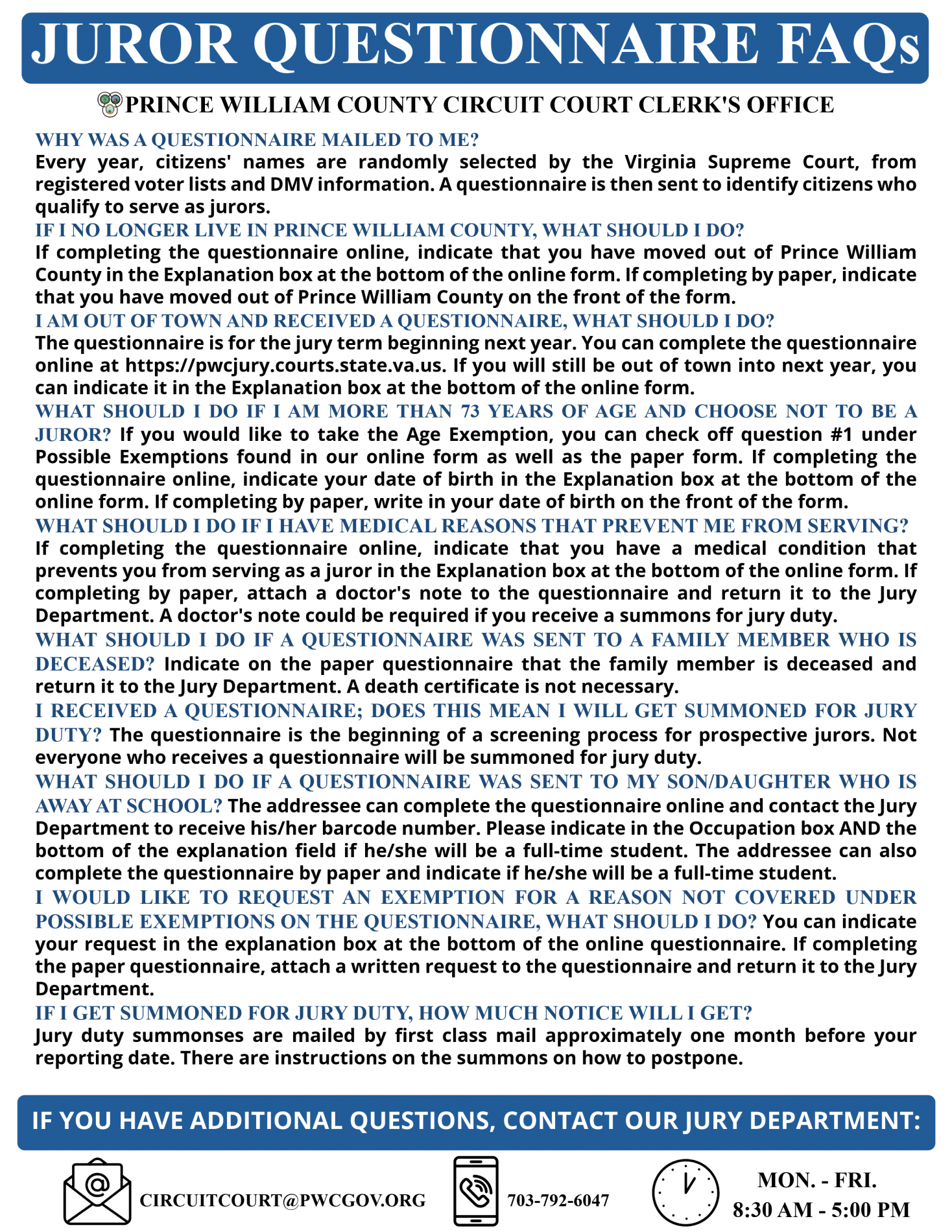 A list of Frequently Asked Questions regarding Juror Questionnaires