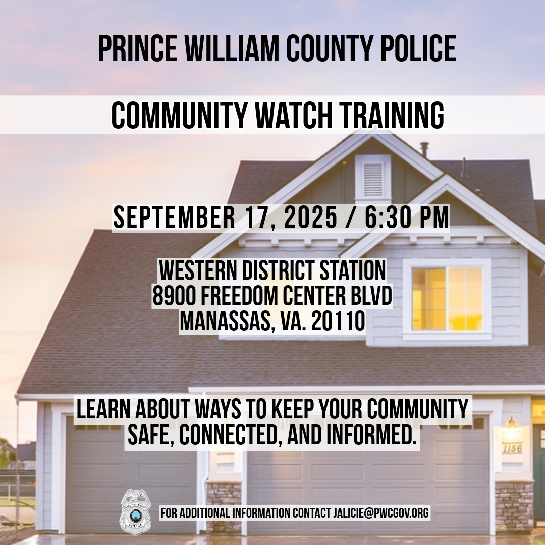 Flyer with information on a community watch training on Sept. 17, 2025, at 6:30 p.m. at the Police Department's Western District Station in Manassas