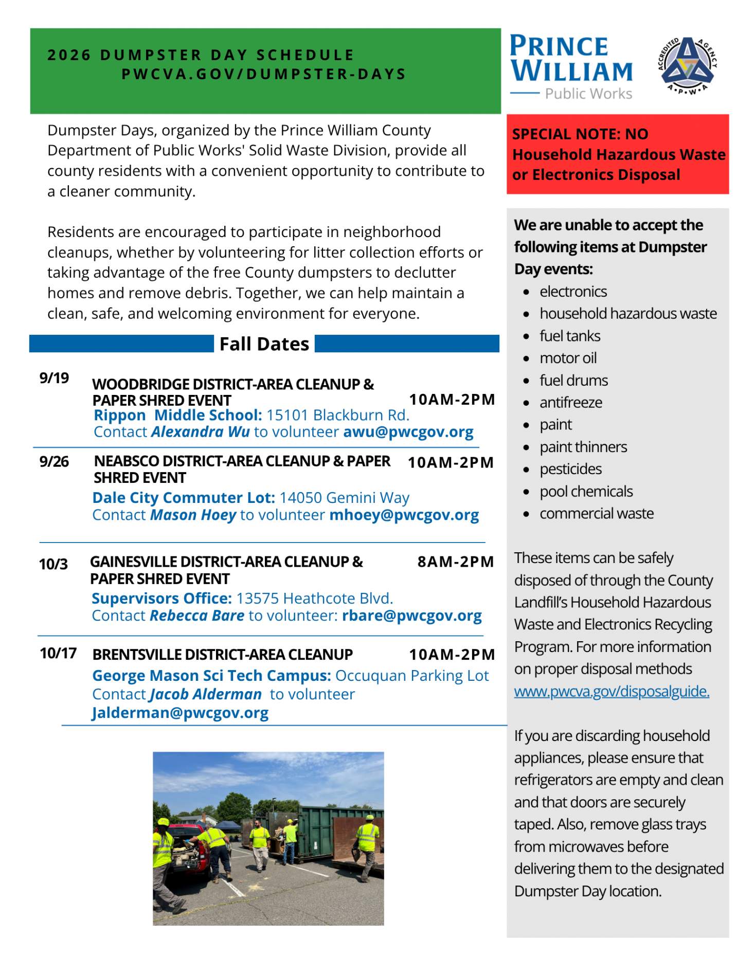 Dumpster Day Flyer Fall 2026 listing the date, time and location of the events. It also provides guidelines and restrictions on acceptable matertials.  