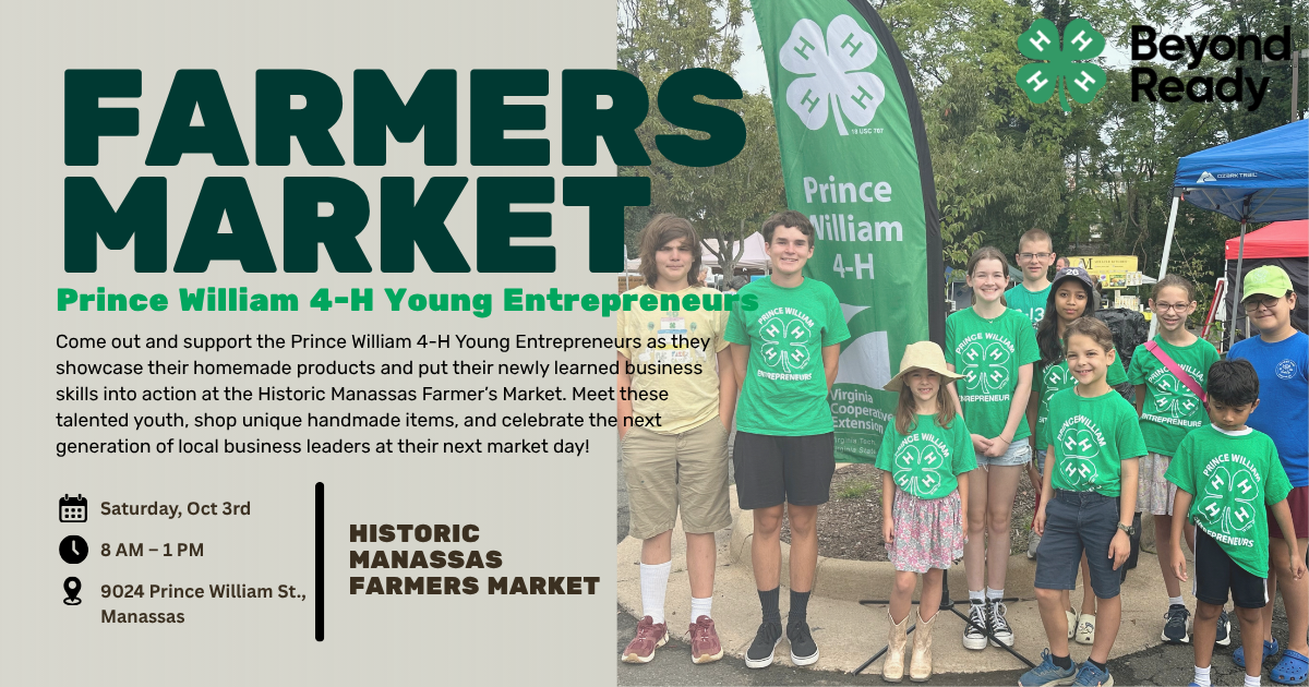 Save the date for Prince William 4-H Young Entrepreneurs October Farmers Market with group photo of 4-H'ers by the PW 4-H flutter flag.at the market.