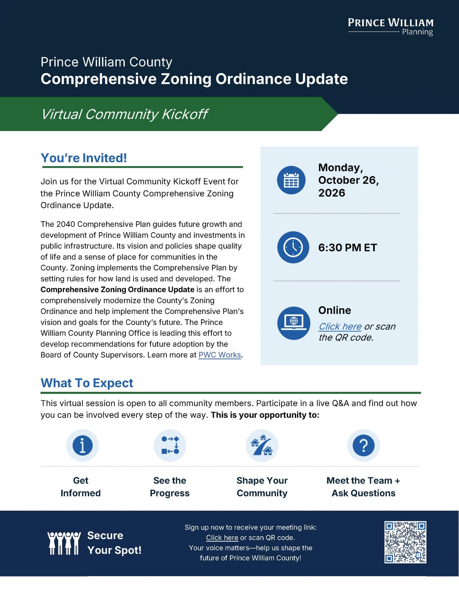 Zoning Ordinance Update Virtual Kickoff Meeting information flyer