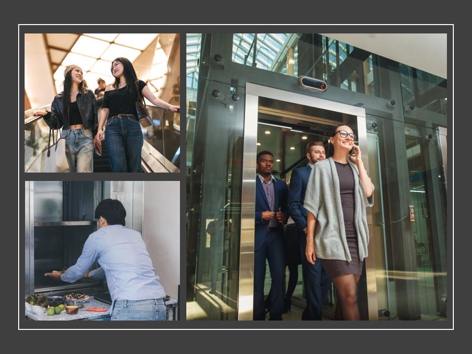 Collage of various lift types.  People coming out of an elevator, two girls riding escalator at the mall, and a cool using a dumbwaiter at a restaurant.